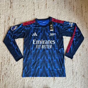 Adidas Arsenal 2025/26 Away Long Sleeve EPL PATCH SAKA Jersey Blue Prematch Home